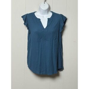Loft Outlet Women's Teal Blue Flutter Sleeve Split Neck Viscose Blouse Sz Small